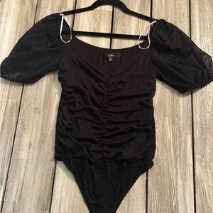 Lulu's Black Ruched Puff Sleeve Bodysuit